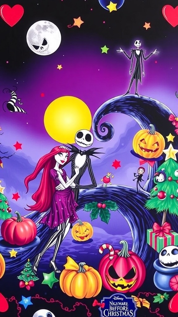 Nightmare Before Christmas themed wallpaper with Jack Skellington and Sally, ideal for kids